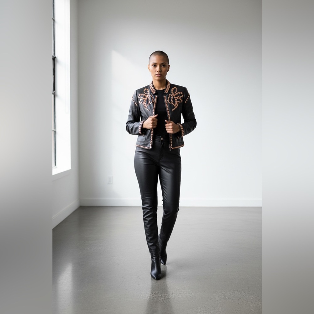 Barbara Bui Black Leather Jacket with Copper Accents